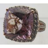 Rose de France cushion cut amethyst cocktail ring, large 20mm portrait setting, size L, 14k rose