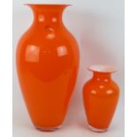 Two orange Murano glass vases by Nason & Co, both with white glass interiors, both marked to base.