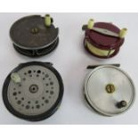 A vintage Hardy Bros fly reel 3 3/8" plus three unbranded vintage fly reels. (4). Condition