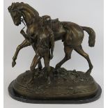 A large contemporary bronze figure of horse and jockey mounted on a black marble base. Inscribed: