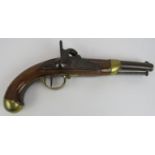 An early 19th century French 1822 percussion service pistol with engraved lock and stamped stock.