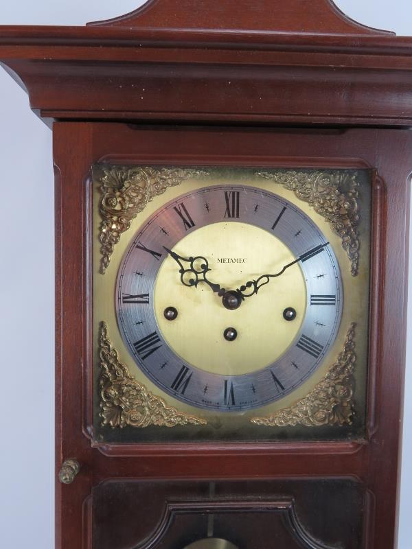 A contemporary Metamec striking & chiming wall clock in mahogany style case. Pendulum & key present. - Image 2 of 3