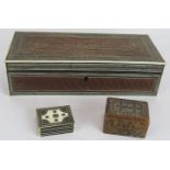 An Indo-Persian micro mosaic inlaid box with ornately carved fish panel to the lid, 27cm x 12cm x