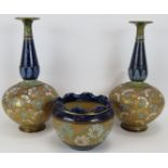 A large pair of antique Doulton & Slaters stoneware vases with gilt lace decorated bodies & cobalt