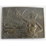 A vintage style bronzed metal erotica advertising belt buckle, modelled in relief with a bare