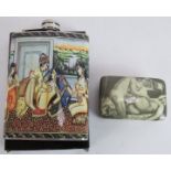 A modern stainless steel hip flask (boxed) printed with a replica Indian Mughal erotic scene of a