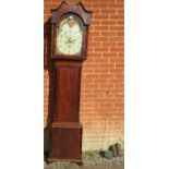 A 19th century oak 8 day striking longcase clock, the painted arched dial with moon phase and