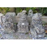 A menagerie of six nicely weathered garden ornaments in the form of three anthropomorphic