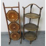 Two antique cake stands: one mahogany with bone inlay in the Moorish taste, the other in oak with
