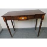 An Edwardian style mahogany breakfront console table, crossbanded and strung with satinwood,