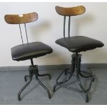 A near pair of vintage C&N model 1940s industrial machinist?s stools, with adjustable plywood