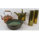 A pair of WWI brass shell cases, a brass water carrier, copper kettle and a heavy gauge copper