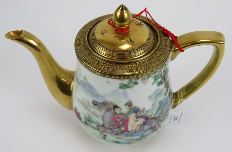 A Chinese Famille rose porcelain teapot and cover, 20th Century, hand painted in fine detail with - Image 6 of 9