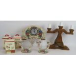 A mid Century West German pottery clock garniture, a mid Century teak candelabra and three vintage