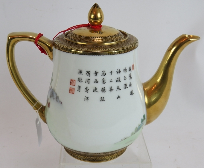 A Chinese Famille rose porcelain teapot and cover, 20th Century, hand painted in fine detail with - Image 2 of 9