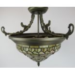 An R.V. Astley Tiffany style stained glass pendant light fitting with three bulb light and bronzed