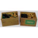Two vintage tuned wood complete chess sets in wooden boxes, one with felt bases. King height 7cm.