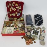 A mixed collection of coins, bowling club badges and other collectables. Condition report: Sold as