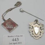 A silver & mother of pearl stick pin marked 935, a silver pendant inset with a penny red stamp,