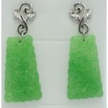 Natural carved Burmese jade earrings, 40mm x 15mm length approx, post back, sterling silver.