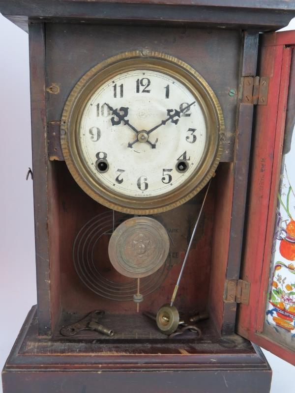 Two early 20th century Japanese striking mantel clocks both with decorated glass panels. One - Image 6 of 6
