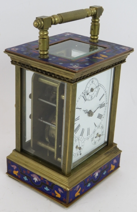 A fine quality brass cased carriage clock with champlevé enamel decoration, calendar and second hand - Image 3 of 6