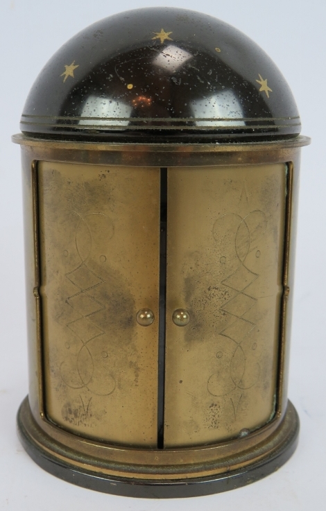 A brass cased orb quartz clock, a similar clock on stand and a German Europa alarm clock in a - Image 6 of 6