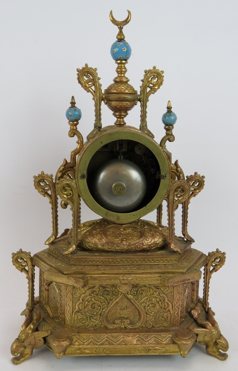 A late 19th century French gilt-metal cased striking mantle clock in the Islamic taste with blue en - Image 3 of 7