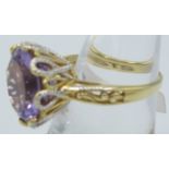 High crown set amethyst ring, large 15mm round faceted stone, size Q. 14k yellow gold/925. Condition