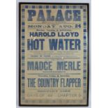 A 1920s theatre poster from The Palace Theatre Braintree for Harold Lloyd in Hot Water, Madge