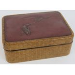 An antique Japanese Parquet Ware trinket box, with decorated metal lacquered lid panel depicting a