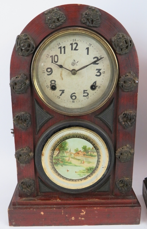 Two early 20th century Japanese striking mantel clocks both with decorated glass panels. One - Image 2 of 6