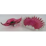 Two Murano glass style pink bowls, one with petalled rim and white background. Largest 30cm x