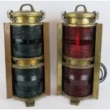A pair of vintage OVG port and starboard double stacked ship's lamps converted as electric table