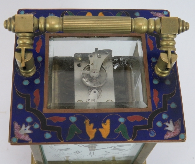 A fine quality brass cased carriage clock with champlevé enamel decoration, calendar and second hand - Image 4 of 6