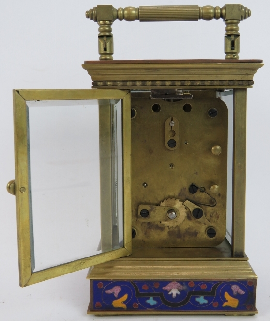 A fine quality brass cased carriage clock with champlevé enamel decoration, calendar and second hand - Image 5 of 6