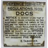 A WW2 Defence Regulations 1939 enamel sign restricting dogs from straying onto allotments. 30cm x