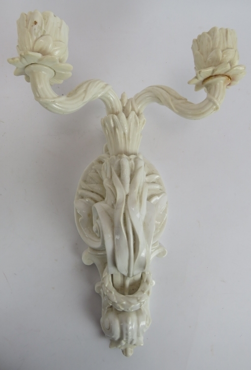 A pair of 19th Century Copeland porcelain two branch wall sconces with moulded foliate design - Image 4 of 7