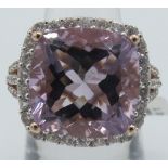 Large faceted cushion cut amethyst statement ring. 20mm portrait setting, size P/Q, rose gold/925.