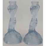 A pair of Art Deco Walther & Sohne blue glass mermaid candlesticks c1930. Height 21.5cm. (pr).