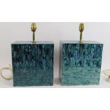 A pair of contemporary studio pottery slab lamp bases with blue drip glaze decoration and signed M