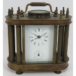 A brass cased repeater carriage clock in a ten column d-end case. No key. Height 19cm. Condition