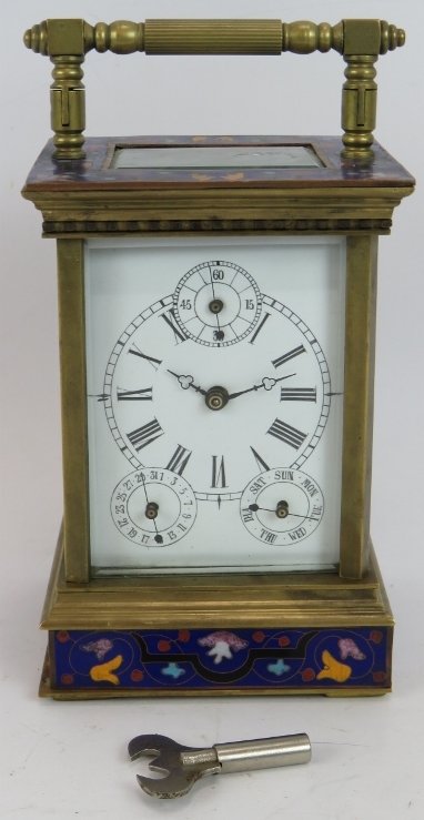 A fine quality brass cased carriage clock with champlevé enamel decoration, calendar and second hand