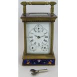A fine quality brass cased carriage clock with champlevé enamel decoration, calendar and second hand