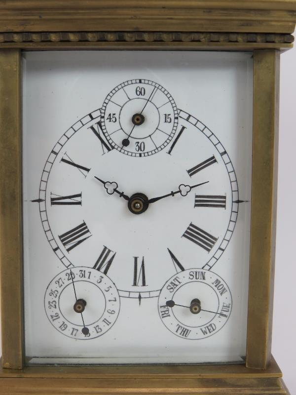 A fine quality brass cased carriage clock with champlevé enamel decoration, calendar and second hand - Image 2 of 6
