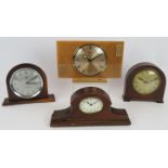 A mid century Bentima Perspex mantle clock, two vintage Smiths alarm clocks and a small Napoleon