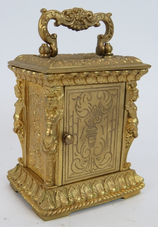 A small gilt brass 8 day French carriage clock in Empire Revival style by Elliott & Son, London. - Image 3 of 4