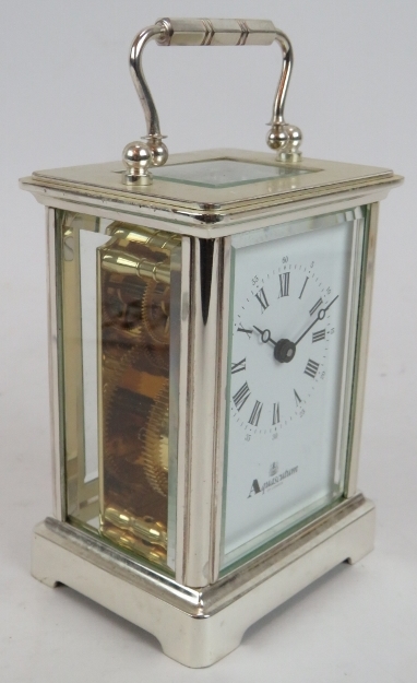 A silver plated Aquascutum of London 8 day carriage clock with enamel dial. Height 15cm. Condition - Image 2 of 3