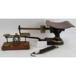 A large set of antique counter balance weighing scales, a Sampson Mordan set of brass postage scales