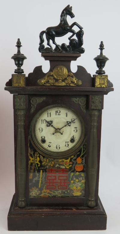 Two early 20th century Japanese striking mantel clocks both with decorated glass panels. One - Image 5 of 6